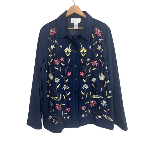 SUSAN GRAVER STYLE Women's L Navy Blue Embroidered Floral Boho Art Button Jacket - Picture 1 of 9